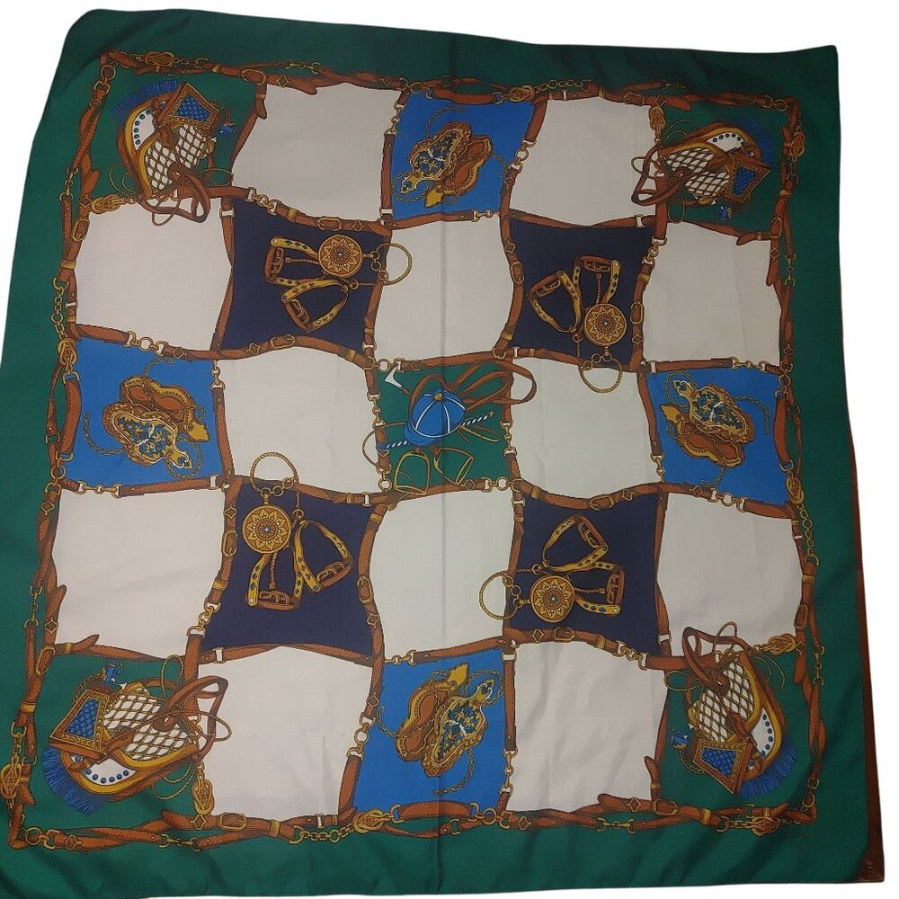 Vintage Lahmy Italian Hand Rolled Equestrian Square Scarf Green Blue White Print